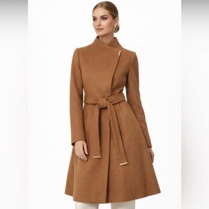 Michael Kors Camel Brown Asymmetrical BeltedWool funnel neck Coat old Money L